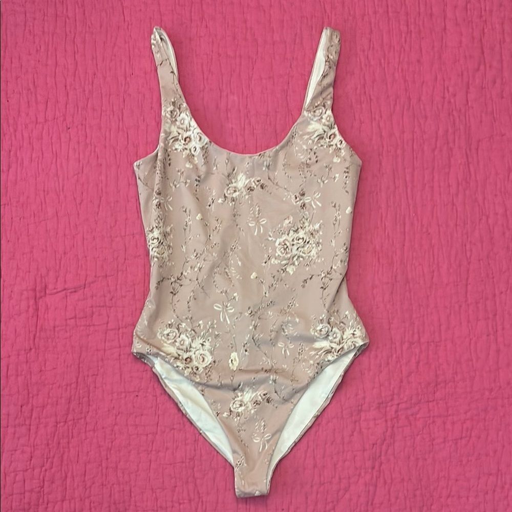 LoveShackFancy Pink and White floral print Swimsuit, XS